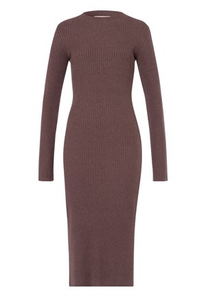 Rippstrickkleid in Mauve mit langen Ärmeln und Rundhalsausschnitt. Figurbetontes Design, das bis unter die Knie reicht.