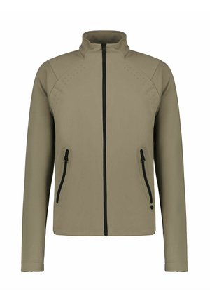 Hellbraune Reißverschlussjacke mit Stehkragen, langen Ärmeln und zwei seitlichen Reißverschlusstaschen, auf weißem Hintergrund dargestellt.