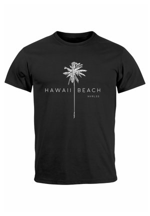 Black cotton t-shirt featuring a white graphic of a palm tree and the text "HAWAII BEACH NVRLSS" below. Standard crew neck design.