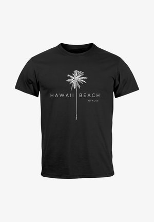 Schwarzes Baumwoll-T-Shirt mit einem weißen Grafikdruck eines Palmenbaums und dem Text "HAWAII BEACH NVRLSS" darunter. Klassisches Rundhals-Design.