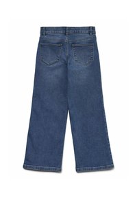 Jeans de denim de pierna ancha en azul oscuro. Presenta cinco bolsillos y una cintura con pasadores para cinturón. Acabado limpio y textura de tela resistente.