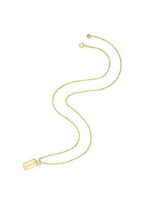 Guldpläterad halskedja med en platt, rektangulär hängande detalj, som har ingraverad text och en liten vit pärla som accent. Texturerad kedjedesign.