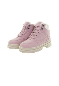 Rosa syntetiska hög skor med snörning i fronten, vadderad krage, texturerad sula och kontrasterande gräddfärgade detaljer.