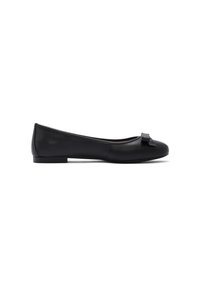 Black leather ballet flat with a rounded toe, featuring a small decorative bow on the front and a low, flat heel. Smooth texture.