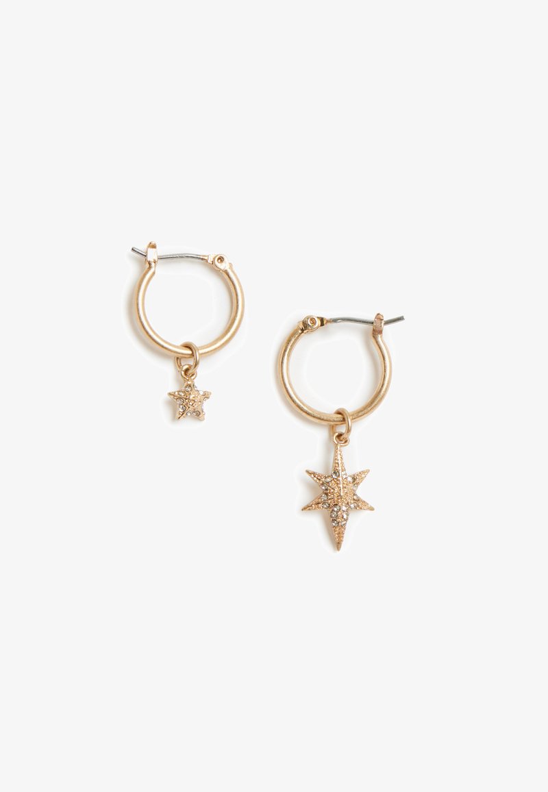 Gold-tone hoop earrings featuring a small star charm and a larger star pendant, both embellished with sparkling crystals.