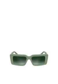 Occhiali da sole rettangolari con montatura in plastica verde chiaro opaca, lenti verde scuro, aste spesse e bordi leggermente arrotondati.