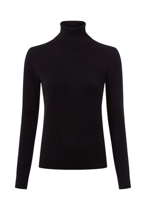 Schwarzer Rollkragenpullover aus weichem Strickstoff, mit langen Ärmeln und einer figurbetonten Silhouette, glatter Textur und ohne sichtbare Muster.