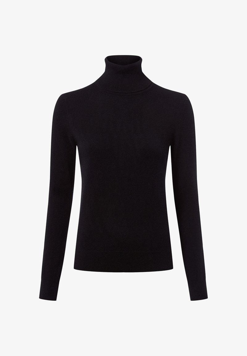 Zwarte coltrui gemaakt van zachte breivoering, met lange mouwen en een getailleerd silhouet, met een gladde textuur en zonder zichtbare patronen.