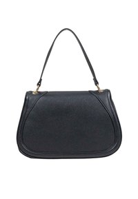 Borsa a mano in pelle nera con un design curvo e strutturato, manico superiore e finiture in tonalità oro. Presenta una superficie testurizzata e cuciture distinte.