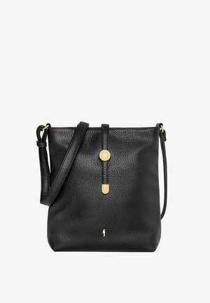 Czarna skórzana torebka na ramię o fakturowanym wykończeniu, z regulowanym paskiem, złotymi akcentami i centralnym zapięciem. Prosty, funkcjonalny design.