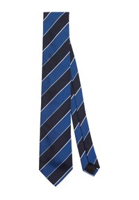 Cravatta blu navy con righe diagonali in diverse tonalità di blu e bianco. Realizzata in tessuto liscio con un design classico a punta.