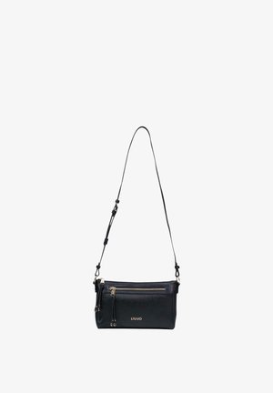 Zwarte rechthoekige leren crossbodytas met verstelbare riem, voorvak met rits en gouden "LIU·JO"-logo.