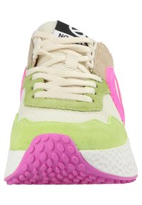 Sneakers with a white mesh toe, green suede accents, pink detailing, and a textured purple sole. Features flat laces and logo tag.