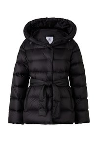 Sort pufferjakke med hætte, med bælte i taljen, quiltet design og lynlåslommer. Glat tekstur med en blank finish.