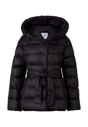 Sort pufferjakke med hætte, med bælte i taljen, quiltet design og lynlåslommer. Glat tekstur med en blank finish.