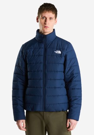 Mann trägt eine dunkelblaue gesteppt North Face Jacke mit hohem Kragen und olivgrüne Hose und steht vor einem schlichten Hintergrund.
