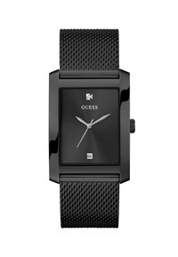 Schwarze rechteckige Uhr mit Mesh-Armband, ausgestattet mit einem schwarzen Zifferblatt, silbernen Zeigern und einem kleinen quadratischen Datumsfenster. Der Markenname ist sichtbar.