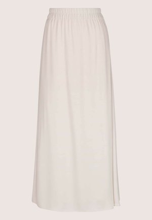 Een lange, crèmekleurige rok van zachte stof met een elastische tailleband en een glad, vloeiend ontwerp. Geen zichtbare patronen of accenten.