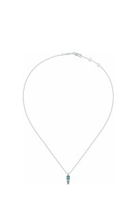 Silver chain necklace with a vertical pendant adorned with turquoise, rosa och lila stenar, i en elegant och modern design.