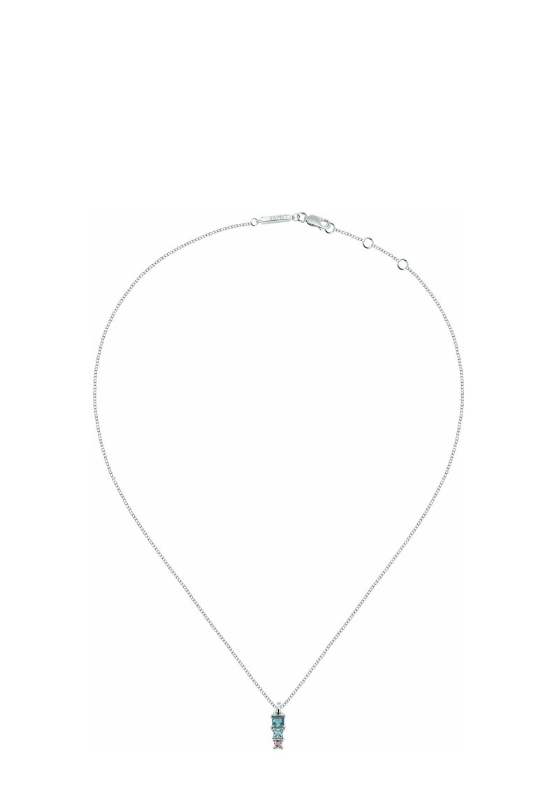 Silver chain necklace with a vertical pendant adorned with turquoise, rosa och lila stenar, i en elegant och modern design.