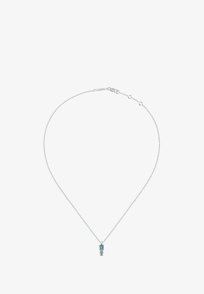 Collana in argento con pendente verticale caratterizzato da pietre turchesi, rosa e viola, incassate in un design elegante e moderno.