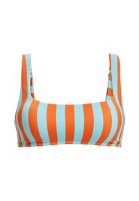 Bikini-Oberteil mit quadratischem Ausschnitt, aus glattem Stoff gefertigt. Besitzt abwechselnd orangefarbene und hellblaue vertikale Streifen.