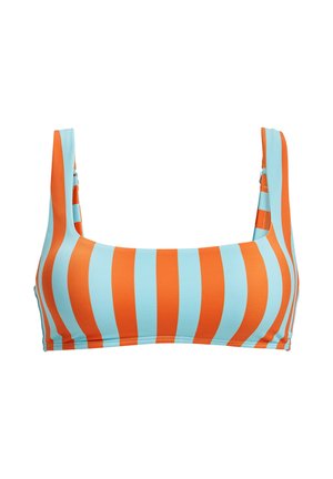 Bikini top with a square neckline, made of smooth fabric. Features alternating orange and light blue vertical stripes.