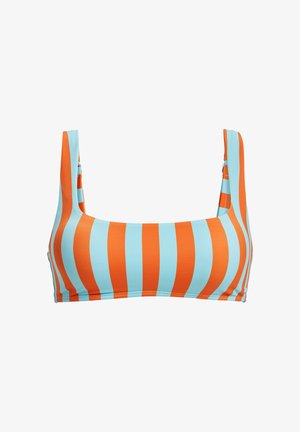 Bikini yläosa, jossa on neliönmuotoinen kaula-aukko, valmistettu sileästä kankaasta. Ominaisuuksina vuorottelevat oranssit ja vaaleansiniset pystysuorat raidat.