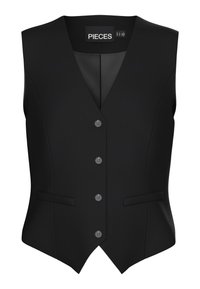 Schwarz ärmellose Weste mit V-Ausschnitt, fünf Knöpfen und zwei Fronttaschen. Hergestellt aus einem glatten Stoff, mit einem eleganten, taillierten Design.