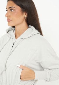 Felpa zip grigia chiara con cappuccio regolabile, tasche laterali e polsini a costine. Realizzata in tessuto morbido con dettagli del logo in rilievo.