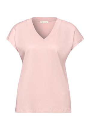 Hellrosa Damen-T-Shirt mit kurzen Ärmeln und V-Ausschnitt, locker geschnitten mit minimalen Nähten.