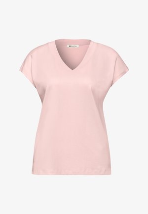 Hellrosa Damen-T-Shirt mit kurzen Ärmeln und V-Ausschnitt, locker geschnitten mit minimalen Nähten.