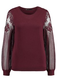 Bordeauxrode trui met effen lijf, doorschijnende kanten mouwen met bloemmotieven, geribbelde manchetten en een ronde halslijn.