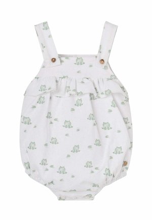 Grenouillère blanche pour bébé avec imprimé grenouille verte et nénuphar, détail à volants sur la poitrine, bretelles avec boutons en bois, et fermetures pressionnées au bas.