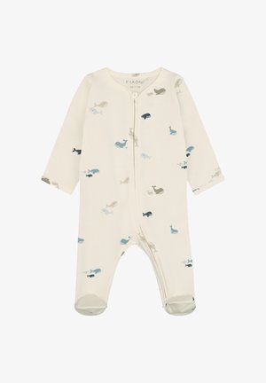 Kremowy niemowlęcy kombinezon z długimi rękawami i zabudowanymi stopami, ozdobiony małymi wzorami niebieskich i szarych wielorybów, z zamkiem błyskawicznym z przodu.
