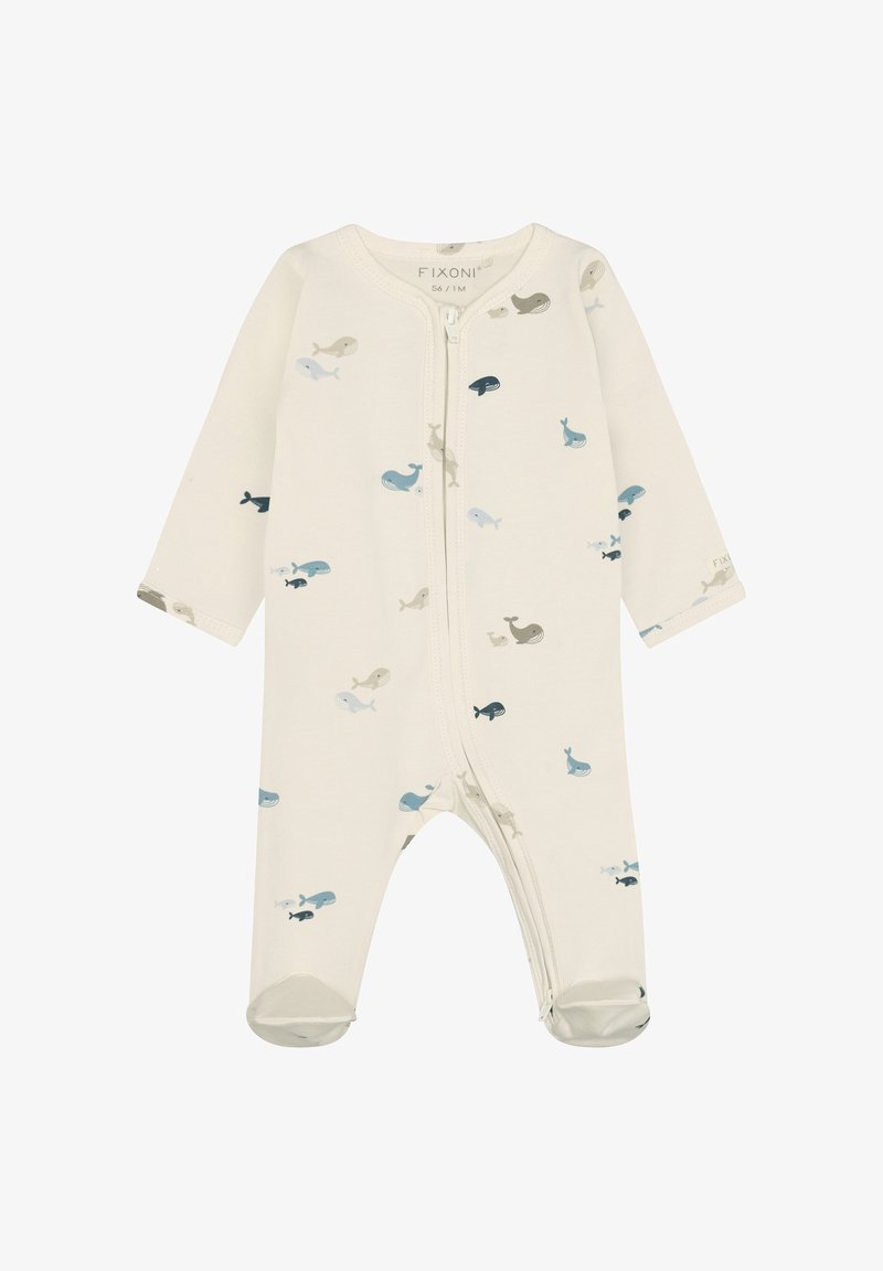 Body pour bébé de couleur crème avec manches longues et pieds, décoré de petits motifs de baleines bleues et grises, avec une fermeture éclair à l'avant.