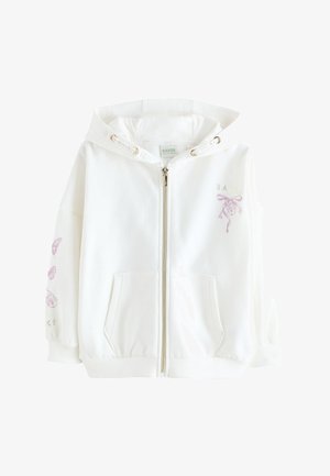 Felpa bianca con cappuccio e zip frontale, tasche frontali, cappuccio con coulisse e design rosa con farfalla e chiave sul petto e sulla manica sinistra.