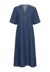 Denim midijurk met korte mouwen, V-hals, drie knopen aan de voorkant en naaddetails langs de zoom en taille.