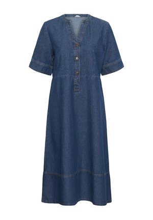 Jeans-Midikleid mit kurzen Ärmeln, V-Ausschnitt, drei vorderen Knöpfen und Nahtdetails entlang des Saums und der Taille.