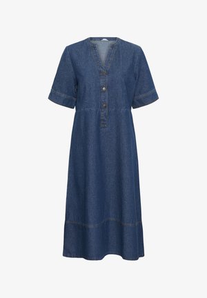 Abito midi in denim con maniche corte, scollo a V, tre bottoni frontali e dettagli a cucitura lungo l'orlo e la vita.