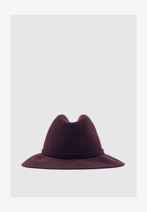 Paarse vilt hoed met een brede rand en een hoge, puntige kroon. Bevat een bijpassende stoffen band rond de basis. Glad oppervlak.