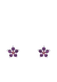 Orecchini a forma di stella in argento con multiple gemme viola e rosa, che mostrano un design floreale a grappolo con accenti metallici lucidi.