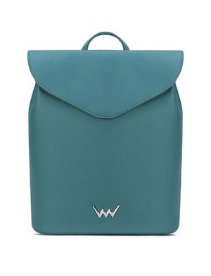 Teal rectangular backpack with a flap closure, single top handle, and small silver logo near the bottom center.