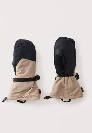 Par de manoplas aislantes beige y negras con correas ajustables y etiquetas GORE-TEX colocadas planas sobre una superficie blanca.