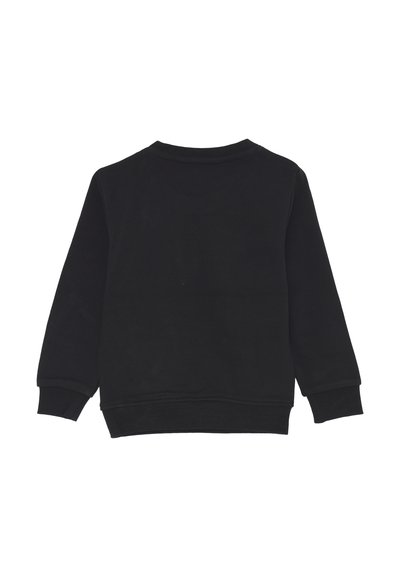 Felpa nera a maniche lunghe con collo a giro e polsini e orlo a coste, mostrata dal retro su uno sfondo bianco.