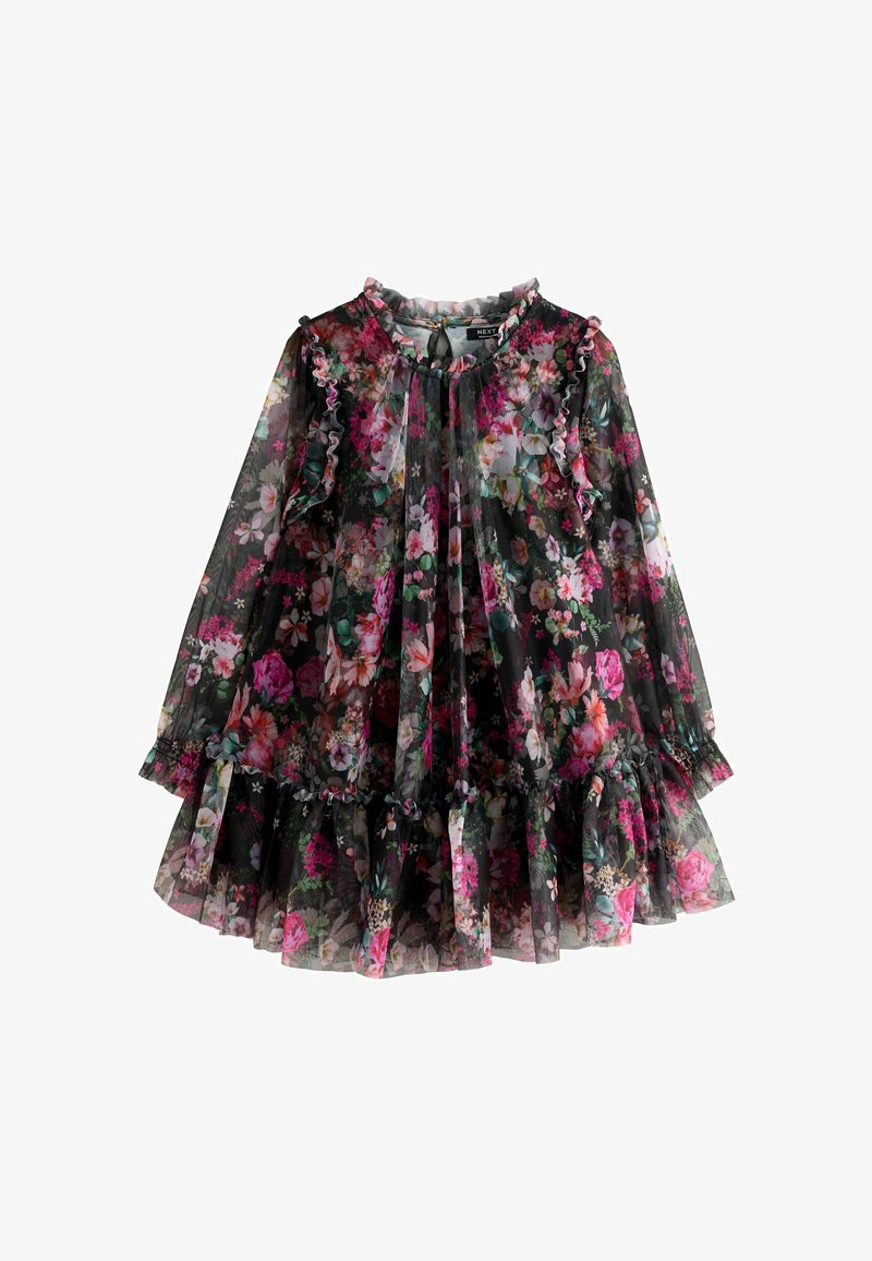 Robe florale en tissu noir transparent, ornée de fleurs colorées roses, blanches et vertes, avec un col à volants et un ourlet en étages.