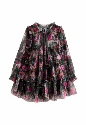 Kwiatowa sukienka z czarnej, przezroczystej tkaniny, zdobiona kolorowymi różowymi, białymi i zielonymi kwiatami, z falbaniastym dekoltem i tiered hemline.