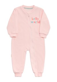 Mono de felpa rosa con cremallera frontal, puños acanalados y texto "hello world" en azul y coral. Material suave y cálido, ajuste casual.