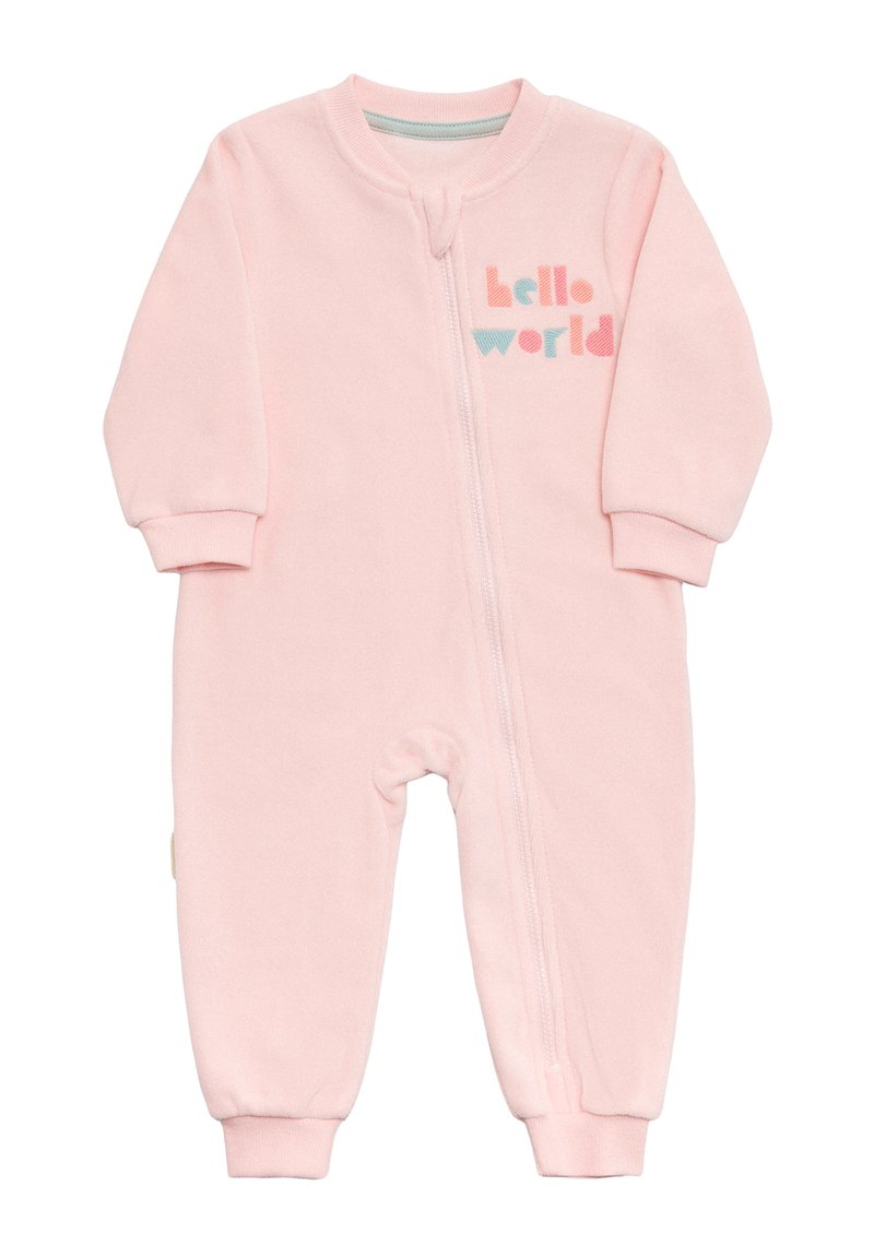 Mono de felpa rosa con cremallera frontal, puños acanalados y texto "hello world" en azul y coral. Material suave y cálido, ajuste casual.