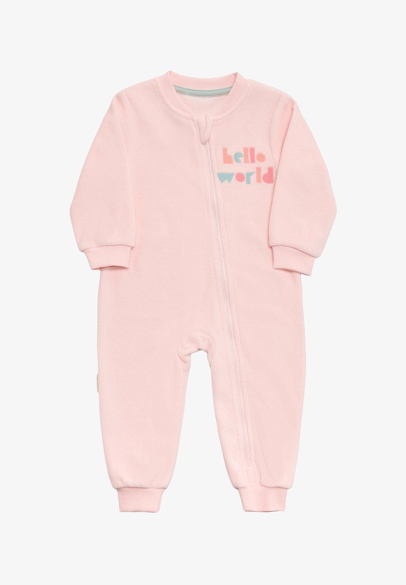 Mono de felpa rosa con cremallera frontal, puños acanalados y texto "hello world" en azul y coral. Material suave y cálido, ajuste casual.